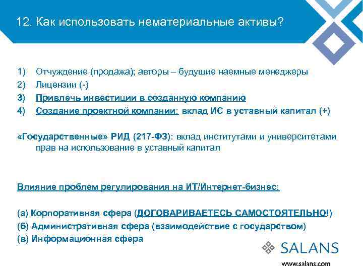 12. Как использовать нематериальные активы? 1) 2) 3) 4) Отчуждение (продажа); авторы – будущие