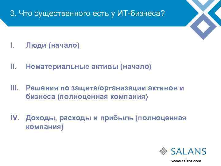 3. Что существенного есть у ИТ-бизнеса? I. Люди (начало) II. Нематериальные активы (начало) III.