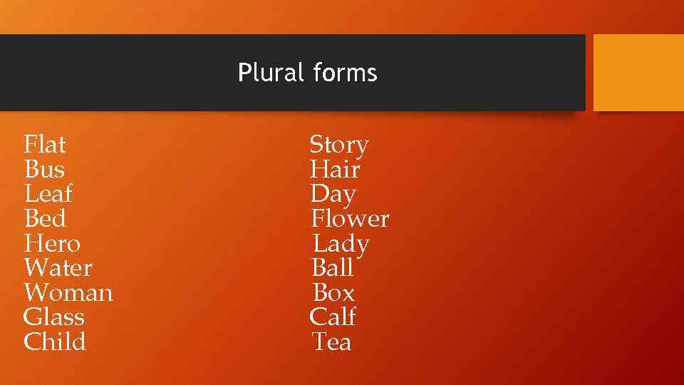 Plural forms Flat Bus Leaf Bed Hero Water Woman Glass Child Story Hair Day