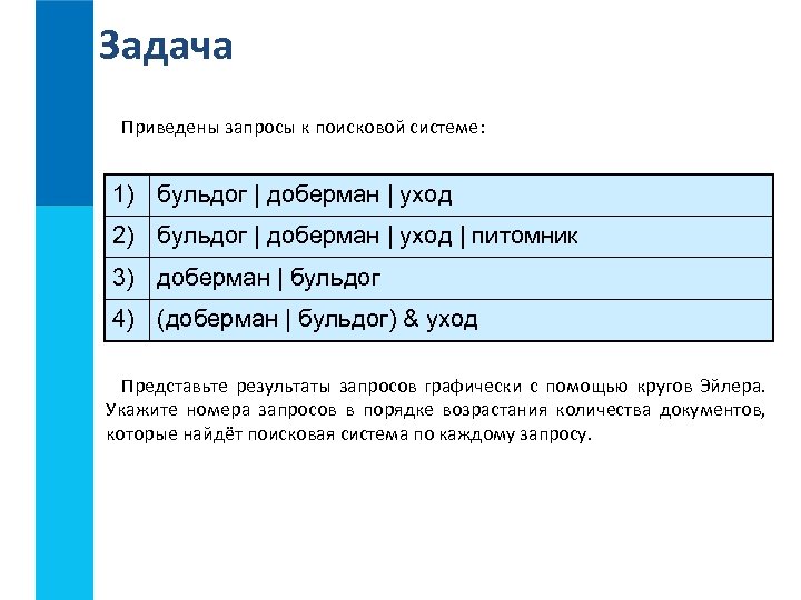 Задача Приведены запросы к поисковой системе: 1) бульдог | доберман | уход 2) бульдог