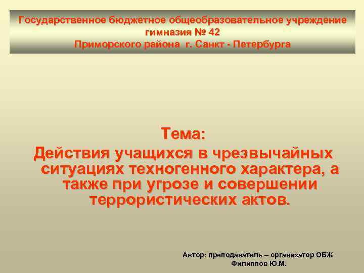 Государственное бюджетное общеобразовательное учреждение гимназия № 42 Приморского района г. Санкт - Петербурга Тема: