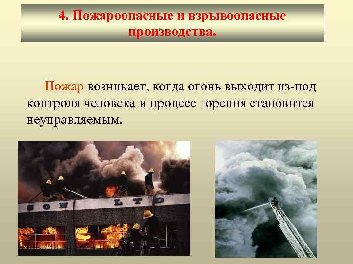 4. Пожароопасные и взрывоопасные производства. Пожар возникает, когда огонь выходит из-под контроля человека и