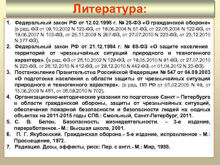 Литература: 1. Федеральный закон РФ от 12. 02. 1998 г. № 28 -ФЗ «О