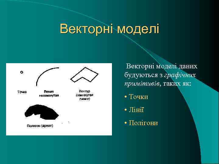 Векторні моделі даних будуються з графічних примітивів, таких як: • Точки • Лінії •