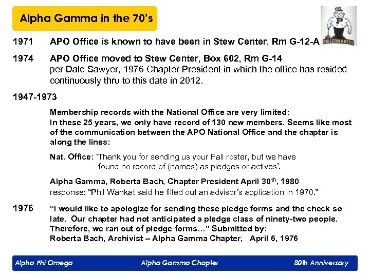 Alpha Gamma in the 70’s 1971 APO Office is known to have been in