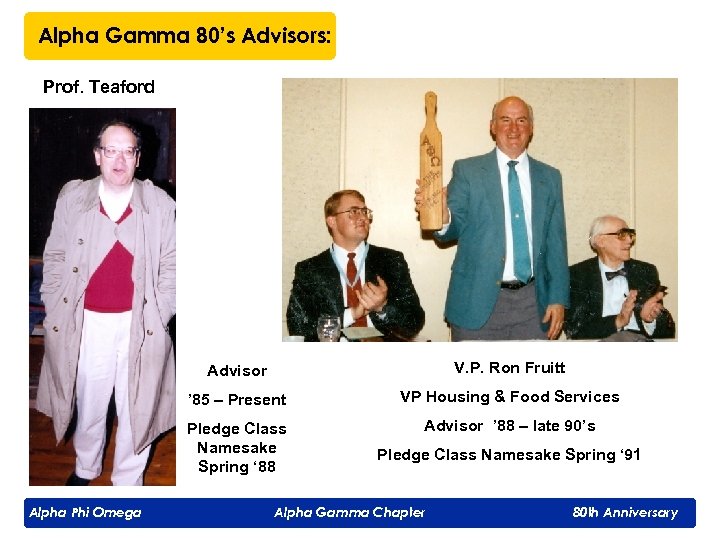 Alpha Gamma 80’s Advisors: Prof. Teaford Advisor ’ 85 – Present VP Housing &