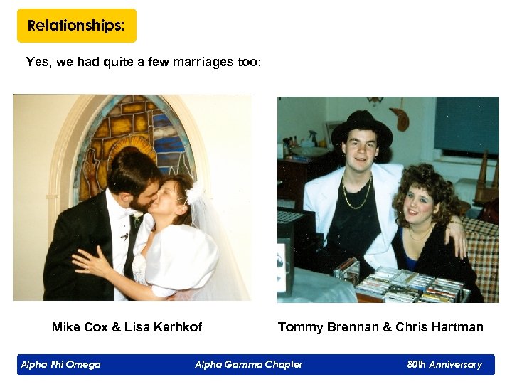Relationships: Yes, we had quite a few marriages too: Mike Cox & Lisa Kerhkof