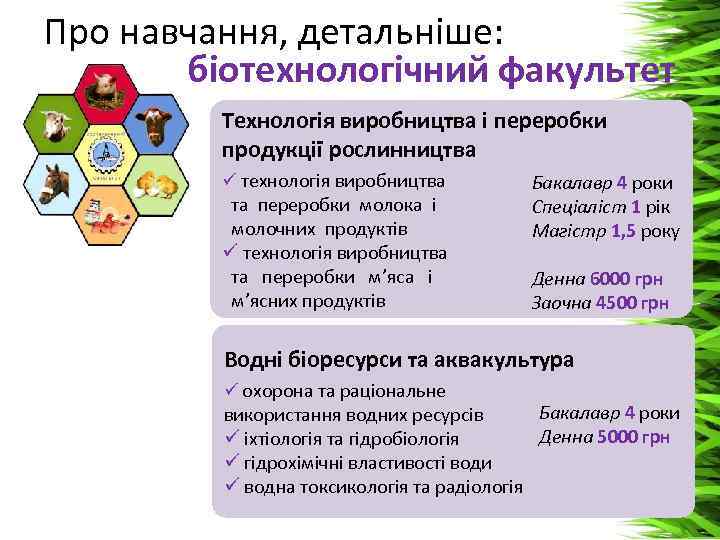 Про навчання, детальніше: біотехнологічний факультет Технологія виробництва і переробки продукції рослинництва ü технологія виробництва