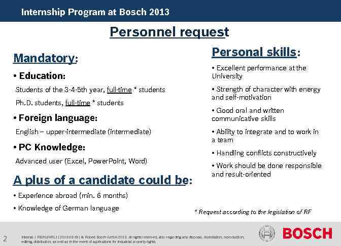 Internship Programme. Bosch 2013 Program at at Bosch, 2011 Personnel request Mandatory: • Education: