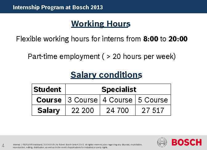 Internship Programme. Bosch 2013 Program at at Bosch, 2011 Working Hours Flexible working hours