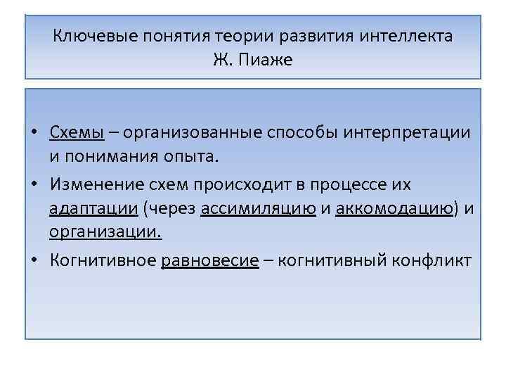 Ключевые понятия теории развития интеллекта Ж. Пиаже • Схемы – организованные способы интерпретации и