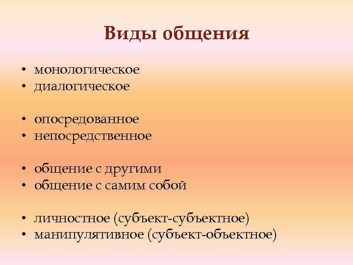 Виды общения • монологическое • диалогическое • опосредованное • непосредственное • общение с другими