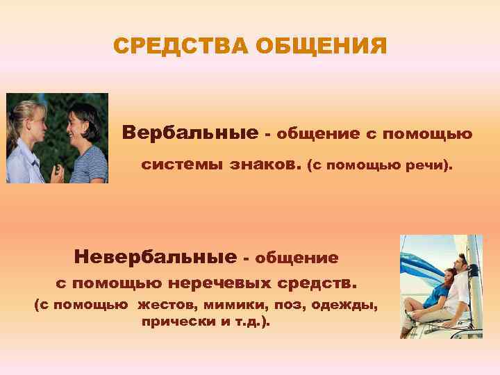 СРЕДСТВА ОБЩЕНИЯ Вербальные - общение с помощью системы знаков. (с помощью речи). Невербальные -