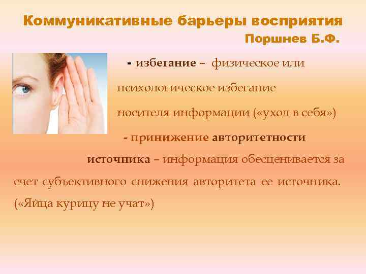 Коммуникативные барьеры восприятия Поршнев Б. Ф. - избегание – физическое или психологическое избегание носителя