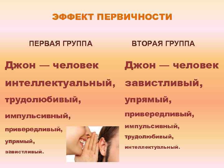 ЭФФЕКТ ПЕРВИЧНОСТИ ПЕРВАЯ ГРУППА Джон — человек ВТОРАЯ ГРУППА Джон — человек интеллектуальный, завистливый,