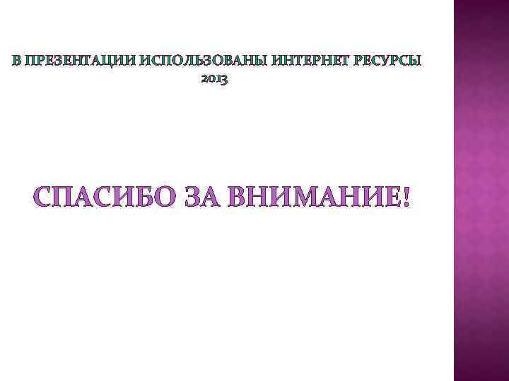 В ПРЕЗЕНТАЦИИ ИСПОЛЬЗОВАНЫ ИНТЕРНЕТ РЕСУРСЫ 2013 СПАСИБО ЗА ВНИМАНИЕ! 