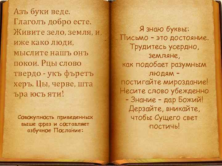 Азъ буки веде. Глаголъ добро есте. Живите зело, земля, и, иже како люди, мыслите
