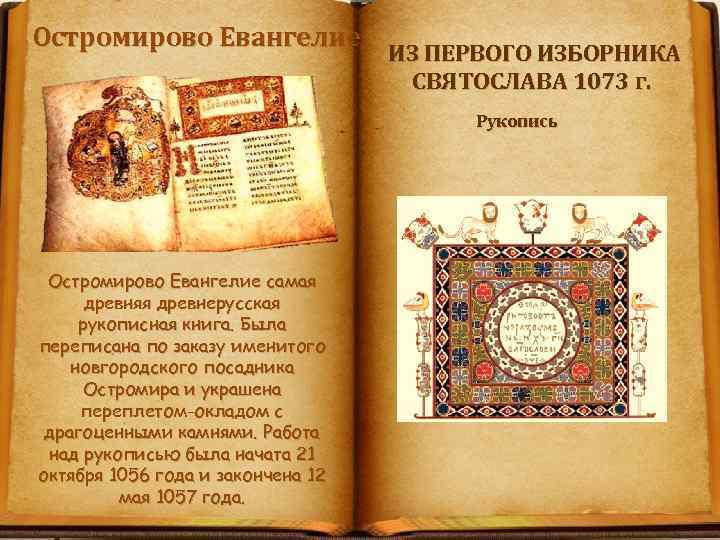 Остромирово Евангелие ИЗ ПЕРВОГО ИЗБОРНИКА СВЯТОСЛАВА 1073 г. Рукопись Остромирово Евангелие самая древняя древнерусская