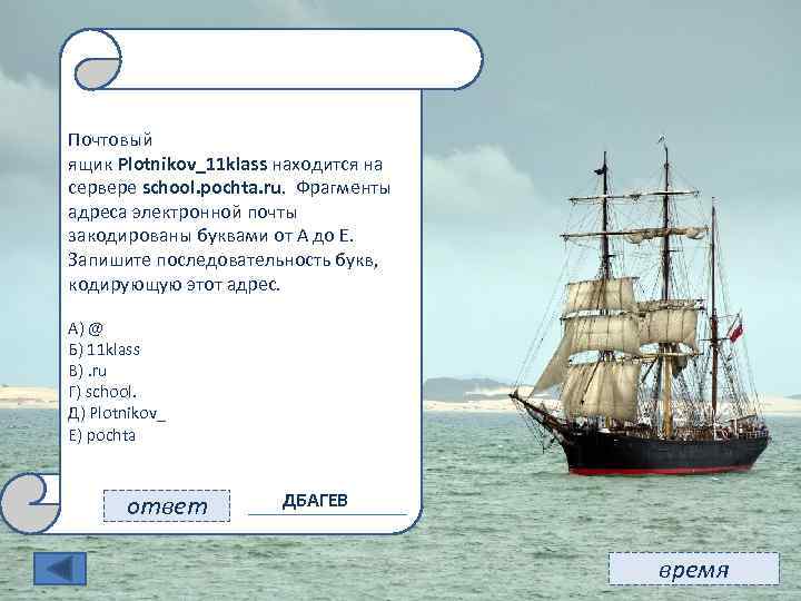 11 Почтовый ящик Plotnikov_11 klass находится на сервере school. pochta. ru. Фрагменты адреса электронной