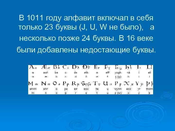 В 1011 году алфавит включал в себя только 23 буквы (J, U, W не