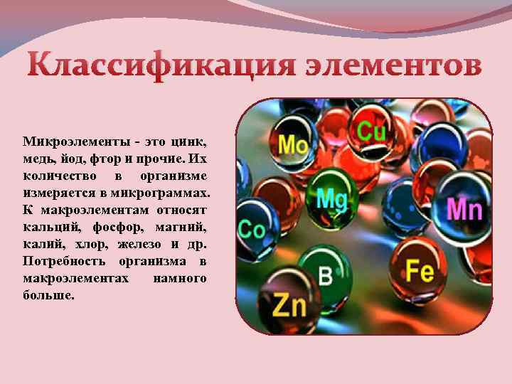 Классификация элементов Микроэлементы - это цинк, медь, йод, фтор и прочие. Их количество в