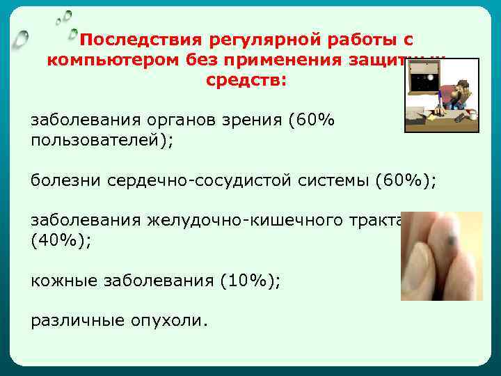 Последствия регулярной работы с компьютером без применения защитных средств: заболевания органов зрения (60% пользователей);