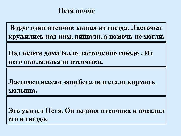 Петя помог Вдруг один птенчик выпал из гнезда. Ласточки кружились над ним, пищали, а