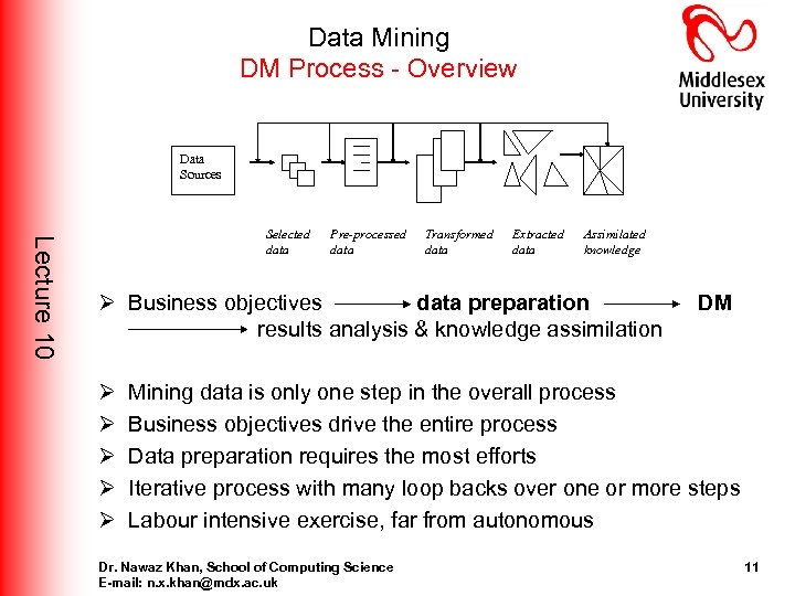 Data Mining DM Process - Overview Data Sources Lecture 10 Selected data Pre-processed data