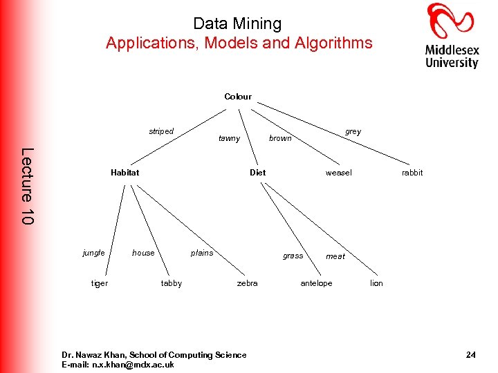 Data Mining Applications, Models and Algorithms Colour striped tawny Lecture 10 Habitat jungle tiger