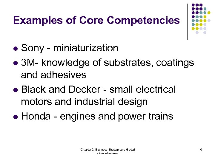 Examples of Core Competencies Sony - miniaturization l 3 M- knowledge of substrates, coatings