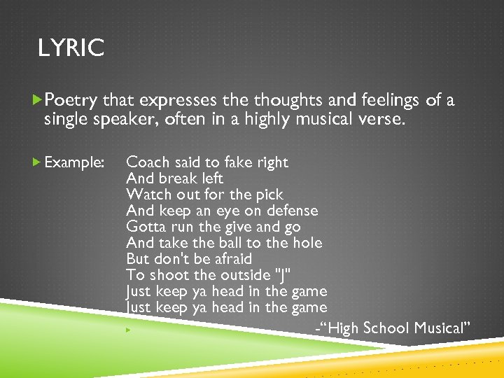 LYRIC Poetry that expresses the thoughts and feelings of a single speaker, often in