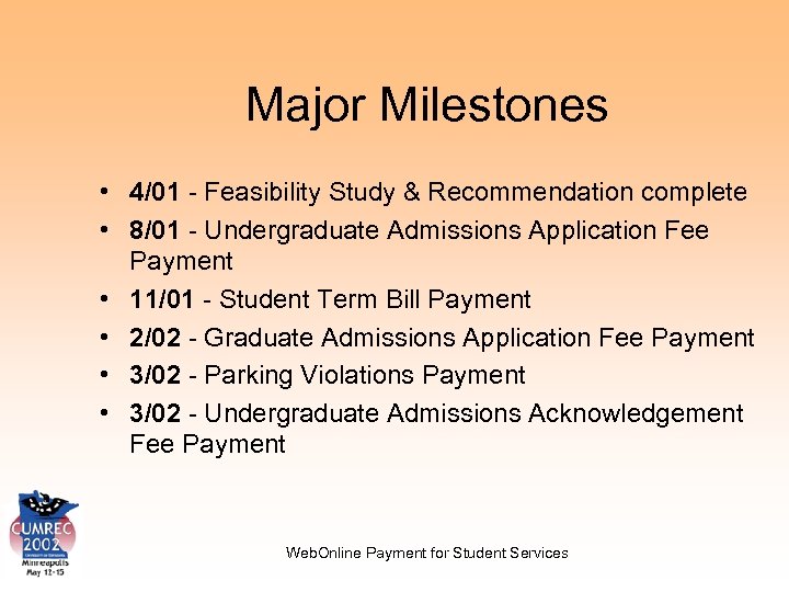 Major Milestones • 4/01 - Feasibility Study & Recommendation complete • 8/01 - Undergraduate