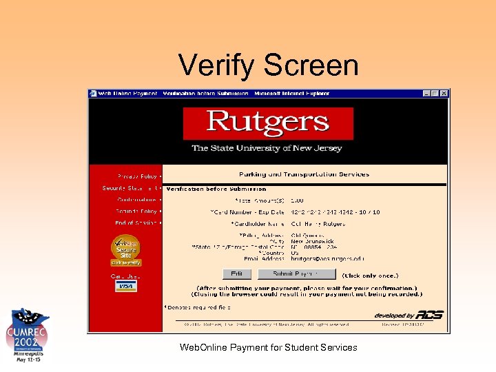 Verify Screen Web. Online Payment for Student Services 