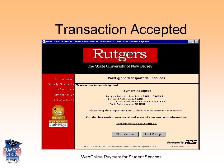 Transaction Accepted Web. Online Payment for Student Services 
