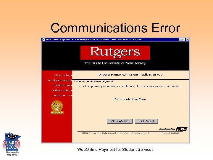 Communications Error Web. Online Payment for Student Services 