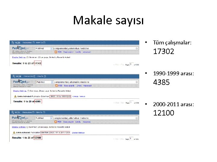 Makale sayısı • Tüm çalışmalar: 17302 • 1990 -1999 arası: 4385 • 2000 -2011