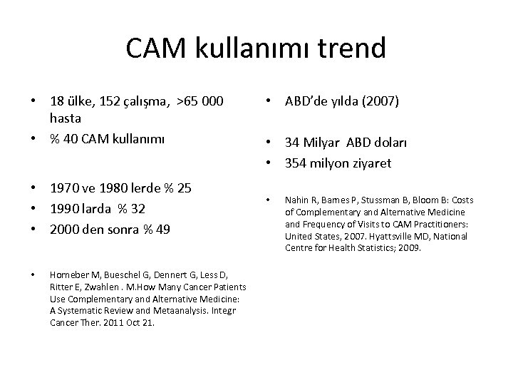 CAM kullanımı trend • 18 ülke, 152 çalışma, >65 000 hasta • % 40