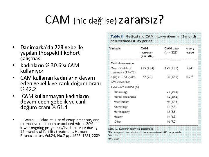CAM (hiç değilse) zararsız? • Danimarka’da 728 gebe ile yapılan Prospektif kohort çalışması •