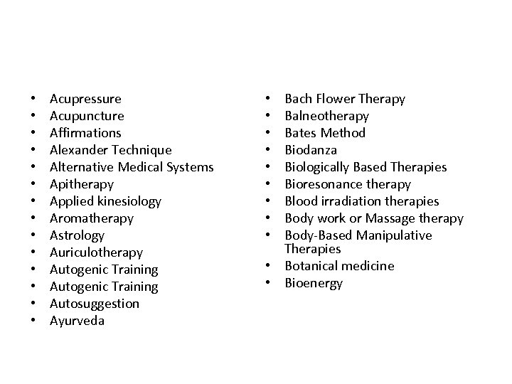  • • • • Acupressure Acupuncture Affirmations Alexander Technique Alternative Medical Systems Apitherapy