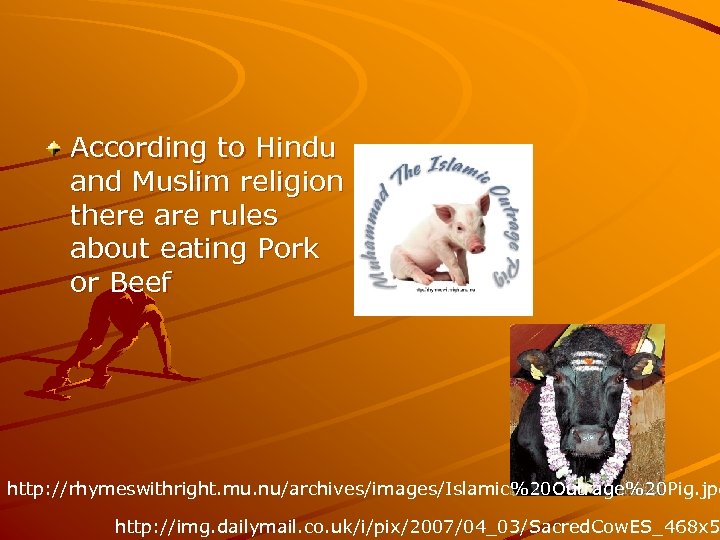 According to Hindu and Muslim religion there are rules about eating Pork or Beef