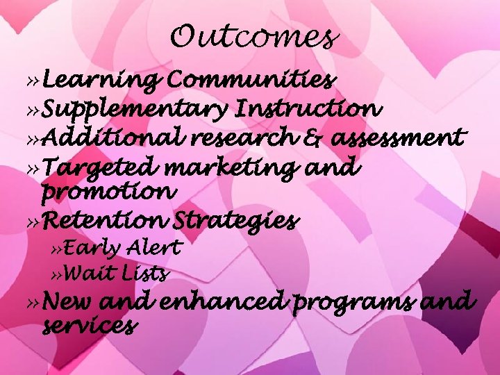 Outcomes » Learning Communities » Supplementary Instruction » Additional research & assessment » Targeted