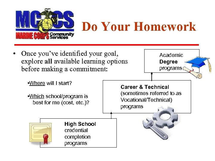 Do Your Homework • Once you’ve identified your goal, explore all available learning options