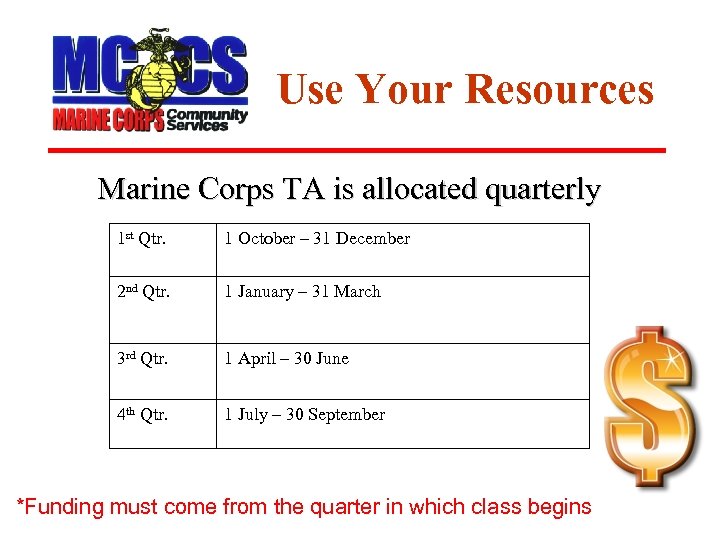 Use Your Resources Marine Corps TA is allocated quarterly 1 st Qtr. 1 October