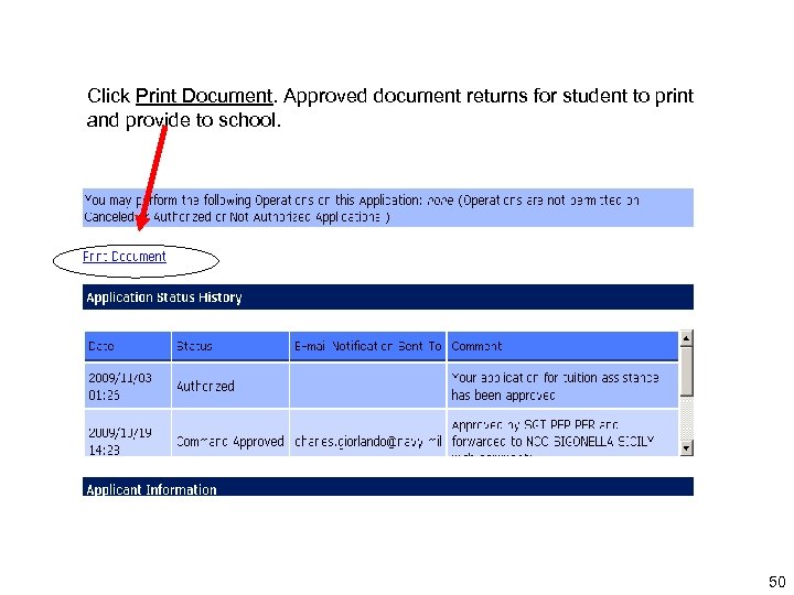 Click Print Document. Approved document returns for student to print and provide to school.