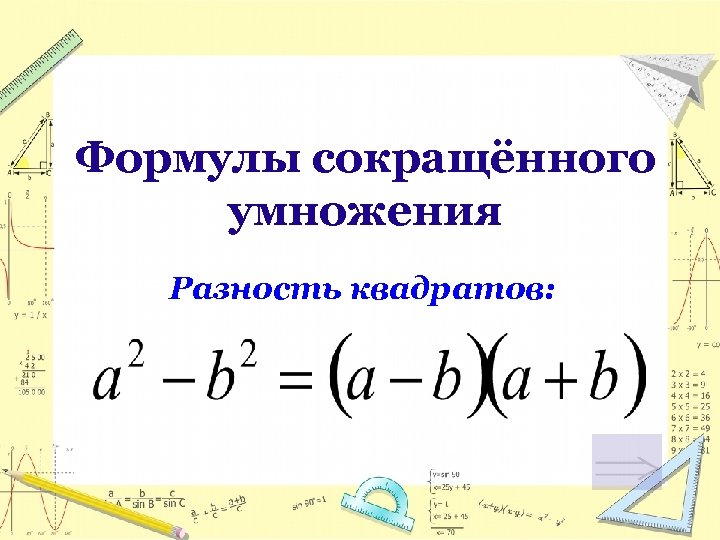 Формулы сокращённого умножения Разность квадратов: 