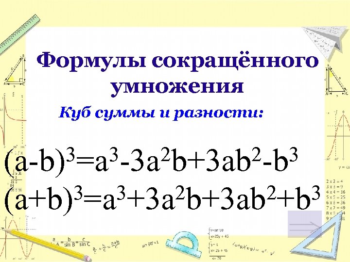Формулы сокращённого умножения Куб суммы и разности: 3=a 3 -3 a 2 b+3 ab