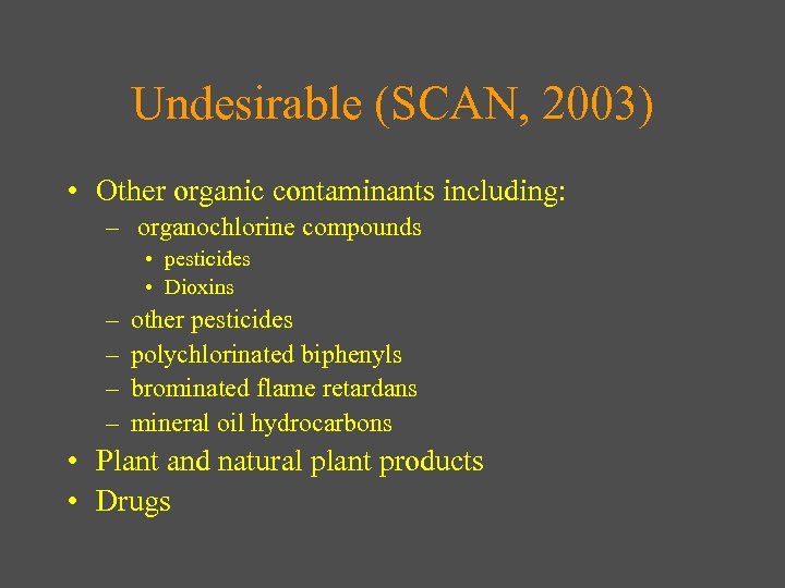 Undesirable (SCAN, 2003) • Other organic contaminants including: – organochlorine compounds • pesticides •