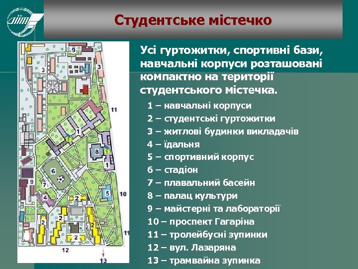 Студентське містечко Усі гуртожитки, спортивні бази, навчальні корпуси розташовані компактно на території студентського містечка.
