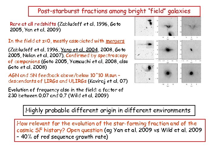 Post-starburst fractions among bright “field” galaxies Rare at all redshifts (Zabludoff et al. 1996,