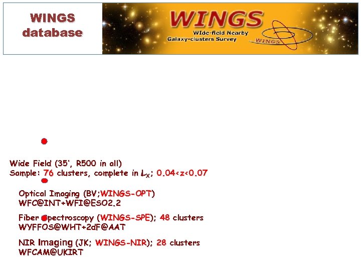WINGS database Wide Field (35’, R 500 in all) Sample: 76 clusters, complete in